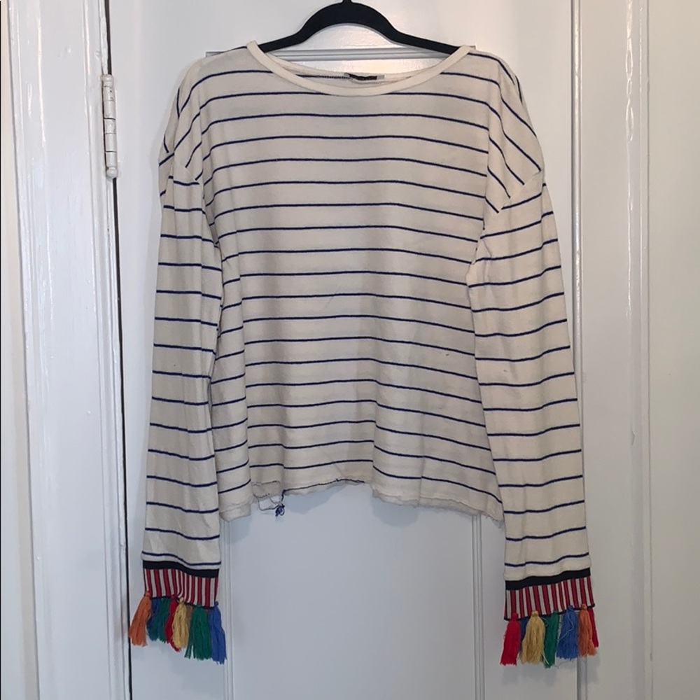 Striped Long Sleeve top with multicolor fringe